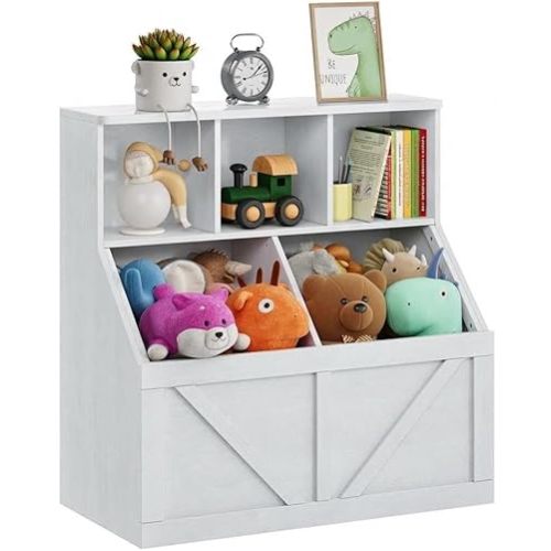 Kids Bookshelf and Wooden Toy Storage Organizer, Kids Toy Storage Cabinet for Kids Rooms, Playroom, Bedroom, Nursery, Daycare, Living Room, Easy to Assemble, Antique White