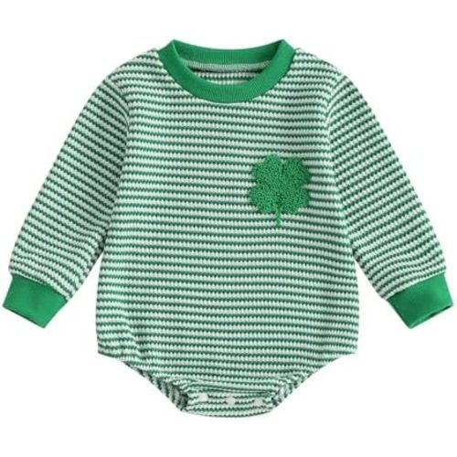 VISGOGO Baby Sweatshirt Romper Striped Heart/Clover Waffle St.Patrick Day Long Sleeve Irish Onesie Jumpsuits