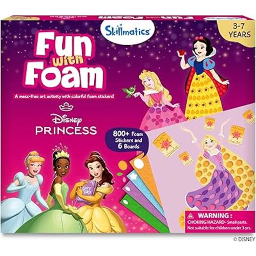 Skillmatics Foam Sticker Art – Disney Princess, 800+ 3D Foam Stickers, Mess-Free Fun for Kids, DIY Felt Craft Kits, Gifts for Fans of Cinderella, Belle, Rapunzel, Ages 3, 4, 5, 6, 7