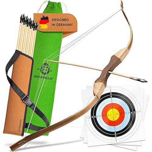 BOWRILLA® Wooden Bow and Arrow for Kids with 10 Arrows, Quiver, 3 Targets & Storage Bag | Kids Bow and Arrow Set for Right- and Left-Handers | Indoor and Outdoor Toys for Children Boys & Girls