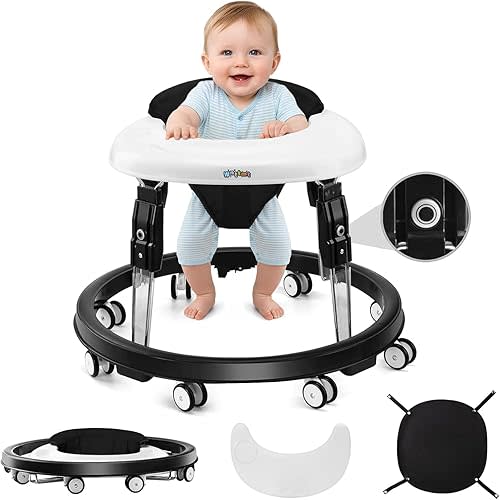 Baby Walker with Wheels, One-Touch Folding Baby Walkers with Height Adjustment, Large Dinner Plate and Brake, Walker for Baby Boy Girls 6-18 Months, Black