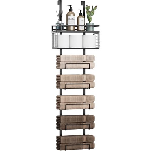 Aetyord Towel Racks for Bathroom Over The Door Towel Racks Towel Storage Organizer with Metal Shelf Basket for Bathroom Rv Camper (7-Tier Black)