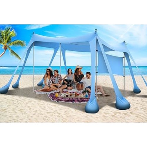 Large Beach Canopy UPF80+ Uv Protection Beach Tents Sun Shelter, Beach Shade Canopy with 8 Sandbags, 4 Stability Poles, Sand Shovel Ground Pegs for Outdoor Camping, Picnics (10x10ft, Sky Blue)