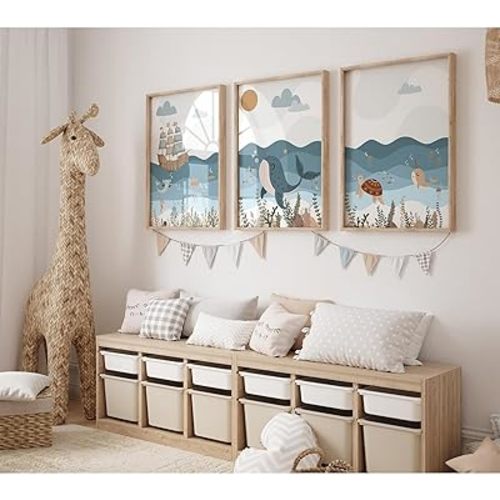 Ocean Nursery Wall Art Pictures Blue Nautical Canvas Art Beach Animal Wall Decor Baby Boys Room Wall Art Sea Whale Prints Ocean Nautical Poster for Nursery Baby Room 16x24 Inch Set of 3 Unframed