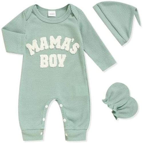 GRNSHTS Newborn Baby Boy Romper Coming Home Outfits Letter Print Bodysuit Jumpsuit+Hat+Gloves 3PCS Clothes Set