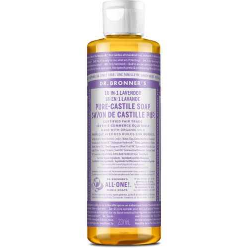 Dr. Bronner's - Pure-Castile Liquid Soap (Lavender, 8 ounce) - Made with Organic Oils, 18-in-1 Uses: Face, Body, Hair, Laundry, Pets and Dishes, Concentrated, Vegan, Non-GMO