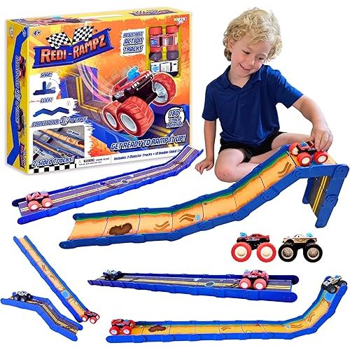 STEM Ramp Builder Set – 10 Modular Track Pieces with Adjustable Angles + 2 Monster Trucks | Build Custom Ramps, Bridges & Jumps (Ages 4+, No Batteries, Fits 1:64 Vehicles)