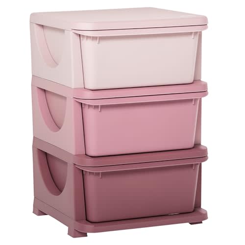 Qaba 3 Tier Kids Storage Unit, 3 Drawer Chest Toy Organizer Plastic Bins for Kids Bedroom Nursery Kindergarten Living Room for Boys Girls Toddlers, Pink