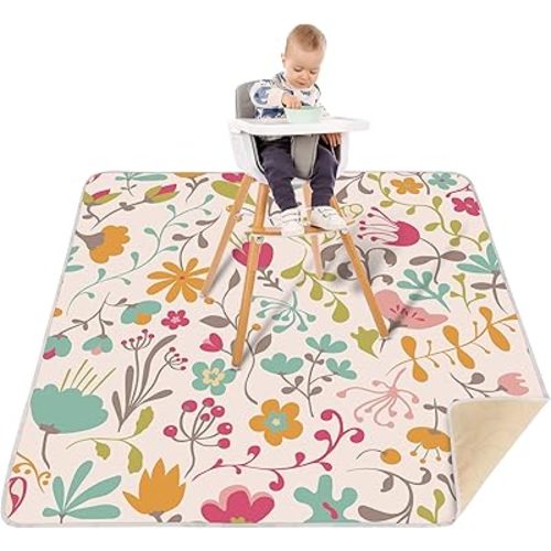 Welspo Splat Mat for Under High Chair, Washable Large Baby Splash Mat, Anti-Slip Silicone Spot Waterproof Floor Mat, Food Catcher Art Craft Leak Proof Mat(White flower, 51inch X 51inch)