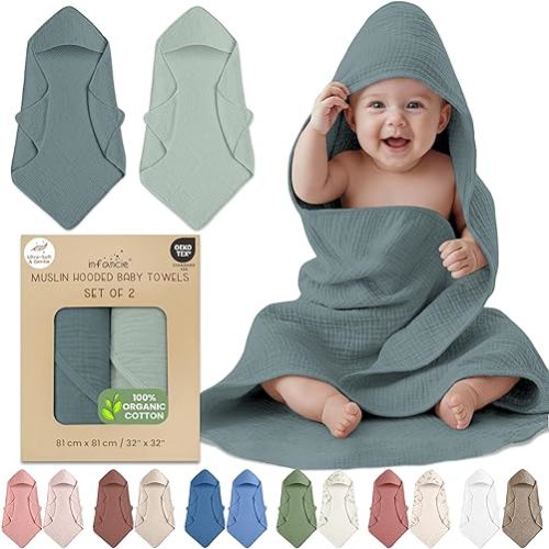 infancie 100% Organic Cotton Muslin Baby Hooded Towels - 32x32 Inch, 2 Pack Newborn Bath Towels for Boys & Girls, Soft & Absorbent Bath Set (Green/Mint Green)