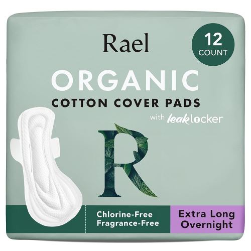 Rael Pads for Women, Organic Cotton Cover - Ultimate Absorbency, Feminine Care, Ultra Thin, Sanitary Napkins with Wings, Unscented (Extra Long Overnight, 12 Count)