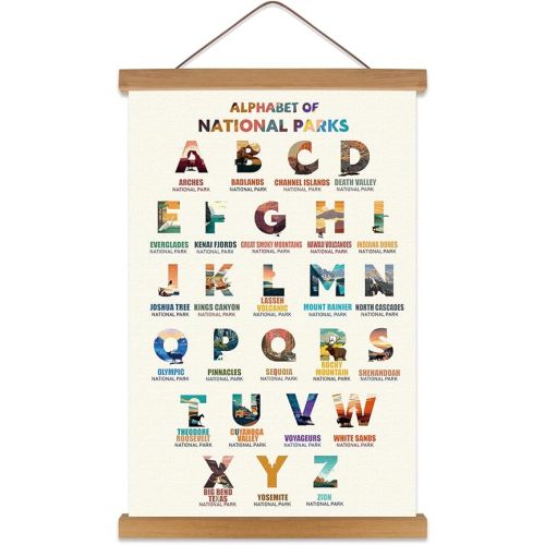 KAIRNE National Parks ABC Poster,Nature Scenery Alphabet Canvas Art Print,Travel Themed Wall Decor with Wood Magnetic Hanging Decoration(35X56CM) Alphabet of National Parks for Traveler Room Decor