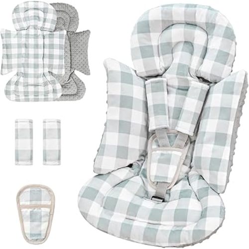 4 in 1 Infant Car Seat Insert, Baby Car Seat Head Body Support for Girls & Boys, Reversible Newborn Car Seat Insert with 3 Extra Strap Paddings, Premature Car Seat Cushion, Grey Checkered
