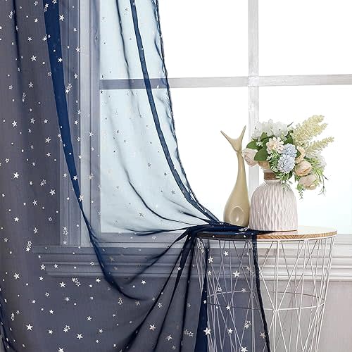 WUBODTI Navy Blue Star Sheer Curtains for Kids Room Nursery 63 Inch Length,Sparkly Star Printed Semi Sheer Boys Bedroom Curtains Rod Pocket Light Filtering Gauze Small Curtain Drapes 2 Panels