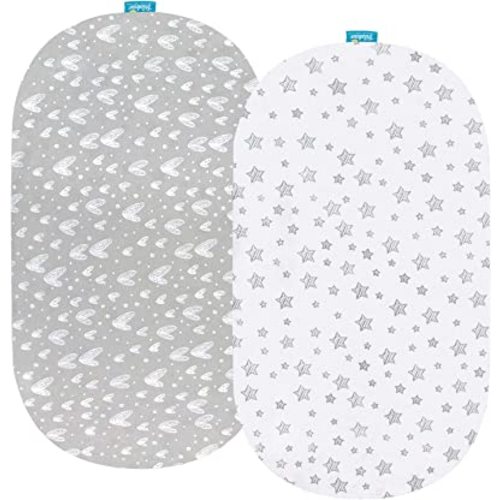 Bassinet Sheets Fit for Oval, Hourglass, Rectangle Bassinet Mattress, 2 Pack 100% Cotton Sheets for Halo, 4moms, Maxi-COSI, Delta, Baby Delight Bassinest, Unisex Fitted Sheet for Baby Boy Girl