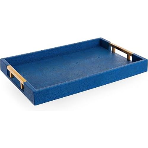 Modern Elegant 17.5”x12” Rectangle Navy Blue Faux Leather Shagreen Decorative Tray Ottoman Tray Coffee Table Perfume Living Room Kitchen Serving Tray with Brass Gold Metal Handles by Home Redefined.