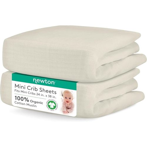 Newton Baby Fitted Mini Crib Sheets (2-Pack) | Organic Muslin Cotton, Breathable & Soft Baby Sheets, Washable Baby Mattress Sheets, Fits Mini Crib Mattresses 24" x 38", Oatmeal