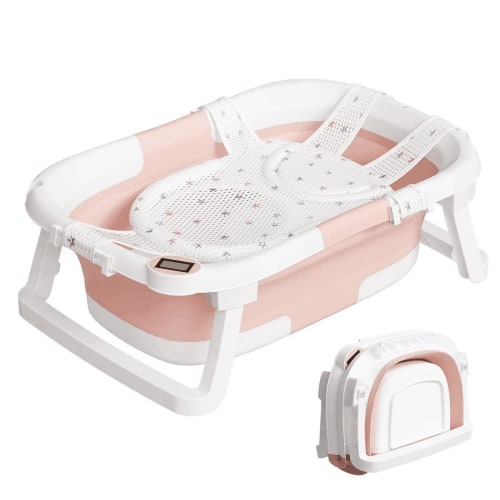 TUMAJUP Foldable Baby Bathtub PP+TPE with Soft Bath Net&Thermometer for 0-36 Months Toddler Pink