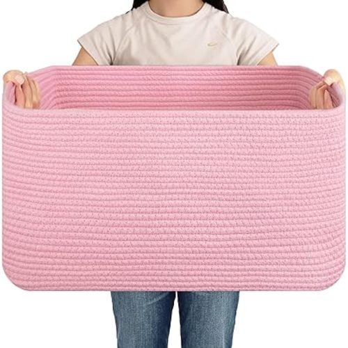 OIAHOMY 75L Blanket Basket, Woven Cotton Rope Basket for Organizing 22”x17”x12”, Used for Living Room, Bedroom, Nursery, Pink