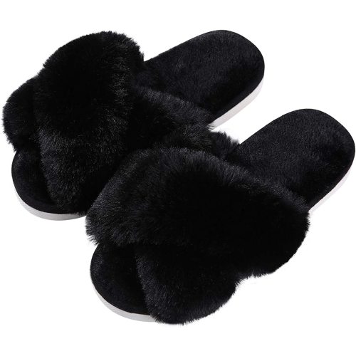 Evshine Women's Fuzzy Slippers Cross Band Memory Foam House Slippers Open Toe