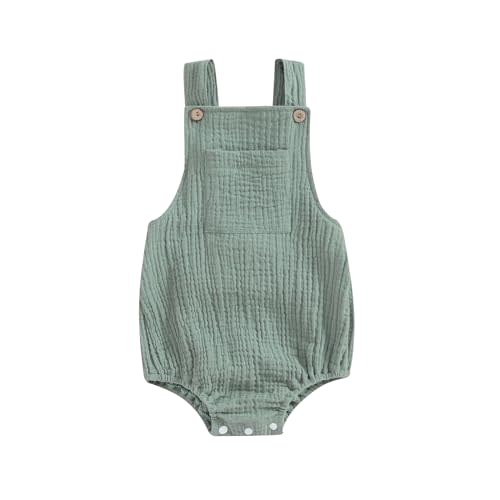 Sasaerucure Baby Cotton Linen Overalls Solid Color Sleeveless Square Neck Backless Romper for Boys Girls
