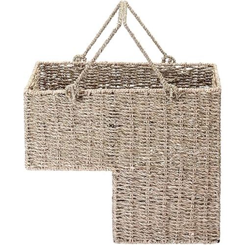 14-Inch Wicker Stair Case Basket with Handles | Handmade Woven Seagrass in Natural Color