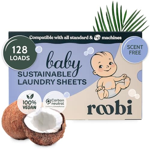 Roobi Unscented Baby Laundry Detergent Sheets. Specially Formulated for Sensitive Skin. Sustainable Laundry Sheets for Newborns, Infants, Toddlers & Baby Clothes. Up to 128 Loads.