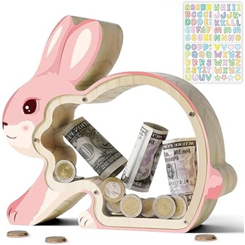Wooden Pink Bunny Piggy Bank for Kids, Unbreakable Rabbit Coin Bank for Kids with Letter Sticker, Wooden Cashbox Money Jar Personalizable Christmas Birthday Gifts, Educational Toy for Girls