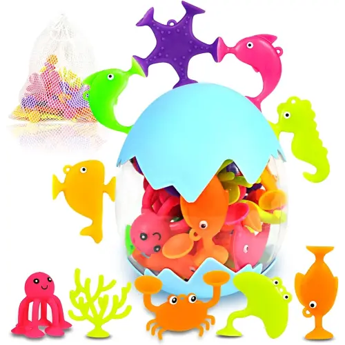 Suction Bath Toys for Kids, 18 Pcs Silicone Ocean Animal Suction Cup Toys with Eggshell & Bag, No Hole Mold Free Bath Toy, Sensory Window Building Toys for Toddlers Boys Girls 3 4 5 6 Year Old