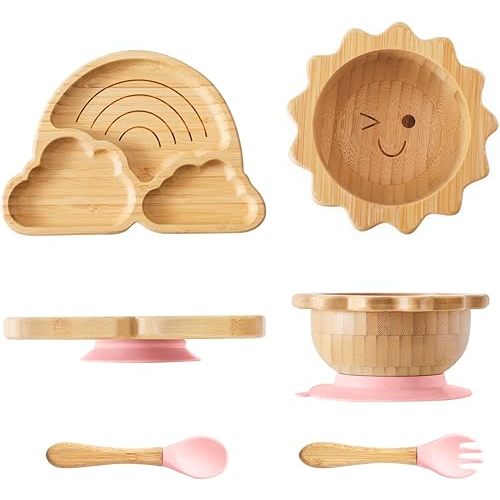 Bamboo Suction Plates Bowls Set for Baby Toddler Divided Platter Food bowl with Silicone Fork & Spoon All-Natural Baby Feeding Set for Baby-Led Weaning, Non-Slip Design
