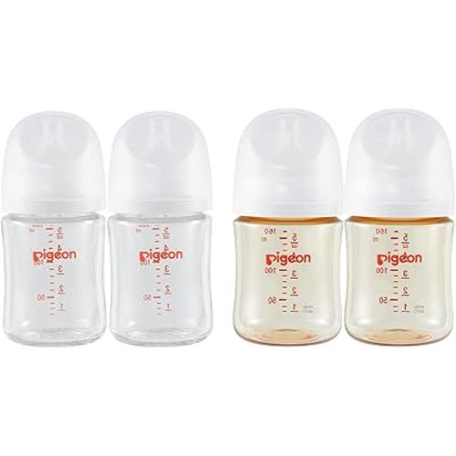 Pigeon Nursing Baby Bottle Wide Neck(Pack of 4, 2 Glass Bottles & 2 PPSU Bottles), Streamlined Body, Natural Feel, Easy to Clean, Heat-Resistant, 5.4Oz