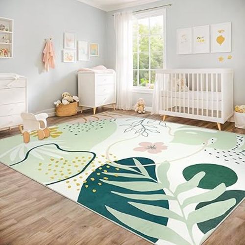 Capslpad Area Rugs 8x10, Washable Nursery Rug, Low Pile Soft Non-Shedding Playroom Carpet, Botanical Print Green Rugs for Bedroom, Classroom, Living Room