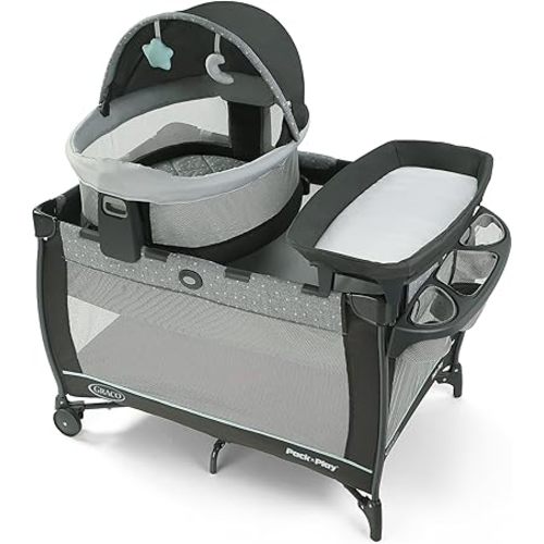 Graco Pack n Play Travel Dome DLX Playard, Astin with Portable Bassinet and Integrated Storage Organizer