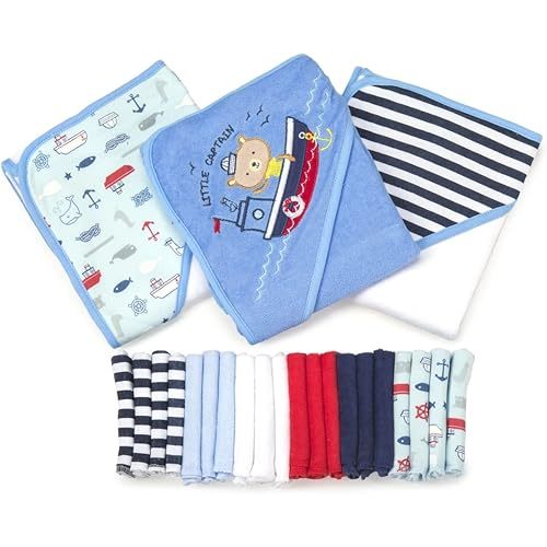 Spasilk Bath Hooded Towels & Washcloths Set for Babies, 23-Piece Gift Set, Navy Nautical, (Gift GBA23 2201)
