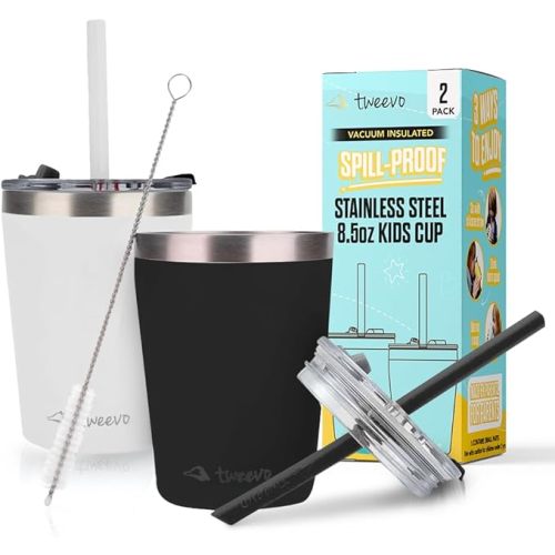 tweevo Kids Tumblers with Spill-Proof Screw Lids - Tumbler, Stainless Steel Cups With Straws and & Straw Brush Adorable Spill Proof for 2 Pack (Black & White, 8.5oz) - Black/White