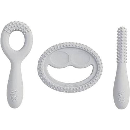 ezpz Oral Development Tools - 3 Months+ (3 Pack in Pewter) - Non-Slip Loop, Smile and Stick, 100% Silicone Tools to Practice Feeding + Chewing - Sensory Bumps - Dishwasher Safe