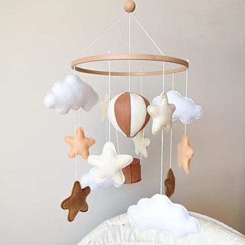 Neutral Hot Air Balloon Baby Mobile for Crib, Stars and Clouds, Neutral Nursery Decor