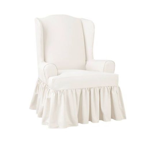 Essential Twill Ruffle Wing Chair Slipcover White - Sure Fit: Cotton, T-Cushion Compatible, Indoor Use