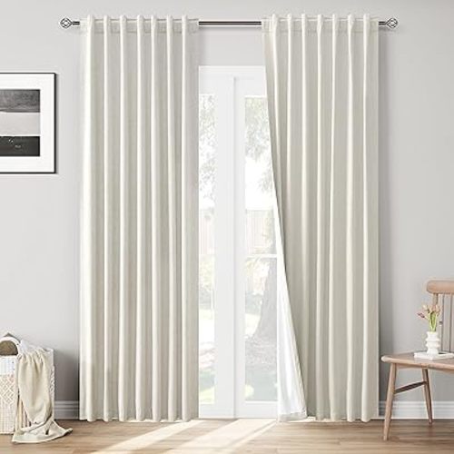 Joywell Linen Natural Cream Beige Full Blackout Curtains 90 Inch Long 2 Panels Set for Bedroom Living Room,Back Tab Rod Pocket Room Darkening Thermal Insulated Black Out Window Drapes,52x90 Inches
