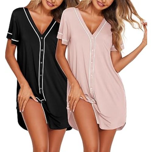 Ekouaer Nightgowns for Women 2 Pack Button Down Sleep Shirts Short Sleeve Night Shirts V Neck Sleepwear Soft Pajama Dress