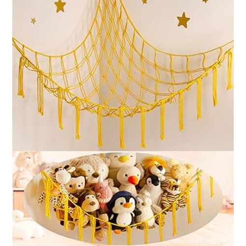 Stuffed Animal Hammock-Large Stuffed Animal Net For Toys Corner-Hanging Stuff Animal Toy Storage Organizer For Plush Plushie Display Yellow Girl Room Bedroom Boho Nursery Decor Toy Storage