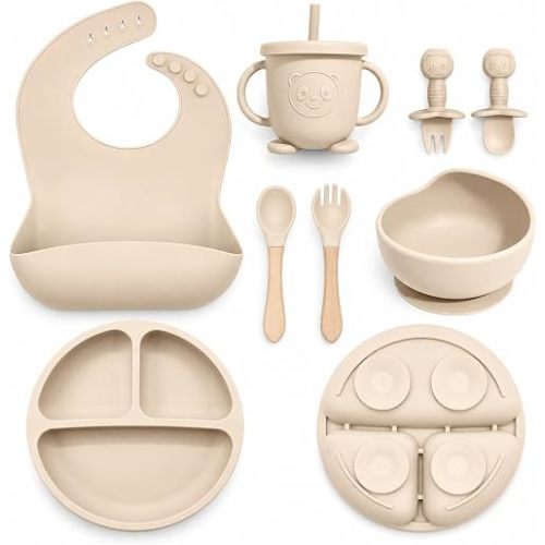 Catvegue Silicone Baby Feeding Utensils Set for 6+ Months, 8 Pcs, Beige