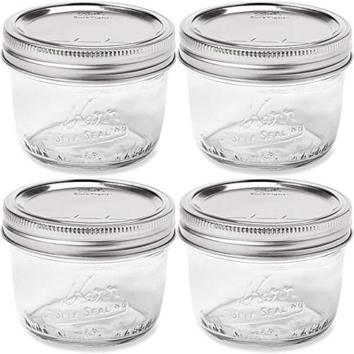 Wide Mouth Mason Jar 8 oz - (4 Pack) - Kerr Wide Mouth Mason Jars With Airtight lids and Bands - For Canning, Fermenting, Pickling, Freezing - Glass jar, Microwave & Dishwasher Safe, Clear