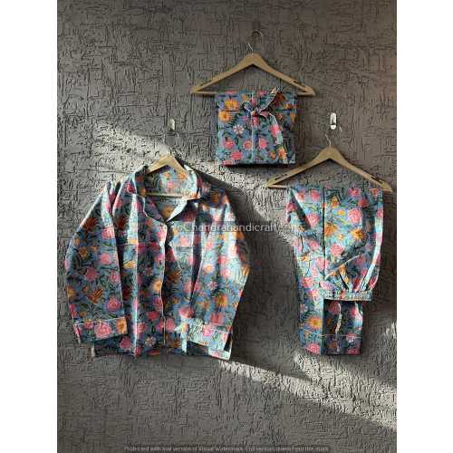 Handmade Cotton Pajama Set: Block Print Boho Loungewear with Pouch