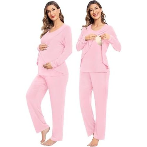 SWOMOG Women Maternity Pajama Set Nursing Pjs Double Layer Long Sleeve Top & Pants Breastfeeding Pregnancy Set with Pockets