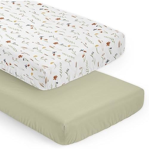 Sweet Jojo Designs 2-Piece Baby Crib Sheets Set (Mulitcolor Boho Floral) for Girls, Infant Nursery, Toddler Room - Fitted, Standard Size (Sage, Flower Garden, Bohemian, Farmhouse, Vintage, Wildflower)