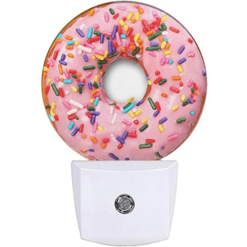 Pink Donut Dusk to Dawn Night Light Sweets Snacks Donut with Sprinkles Night Lights Plug in into Wall Auto Sensor LED Lamp with for Women Girls Gift