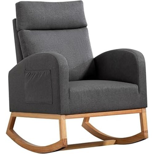 Garvee Nursery Glider Chair, Upholstered Nursery Rocking Chair with Rubber Wood Legs, Comfy High Backrest and Side Pockets, Accent Rocker Armchair for Living Room- Dark Grey