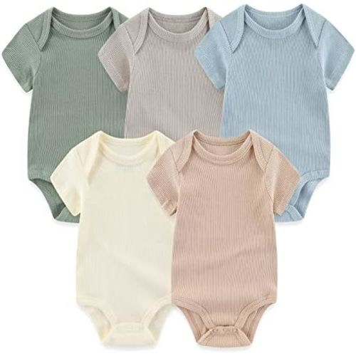 MAMIMAKA Newborn Baby Short Sleeve Bodysuit Cotton One-Piece Baby Clothes 5-Pack, 0-12 Months