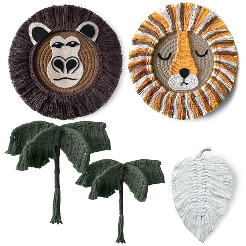 cosyLabels Macrame Nursery Decor: Safari Boho Baby Room Decor. Premium Jungle Wall Hanging with Hooks, Cotton Base. Lion, Monkey, 2x Palm Trees, Leaf